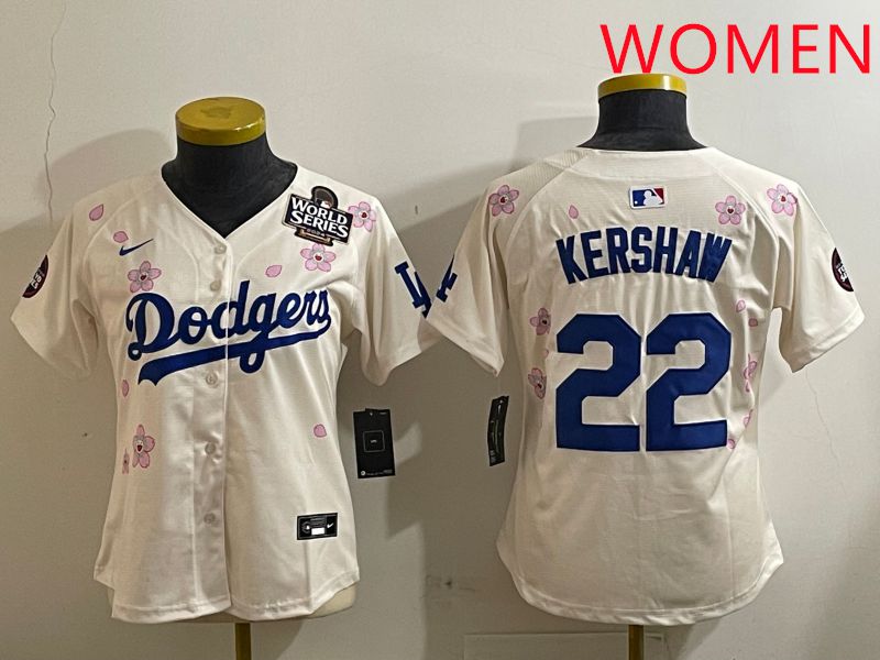 Women Los Angeles Dodgers #22 Kershaw Cream Sakura Edition 2025 Nike MLB Jersey style 7->women mlb jersey->Women Jersey